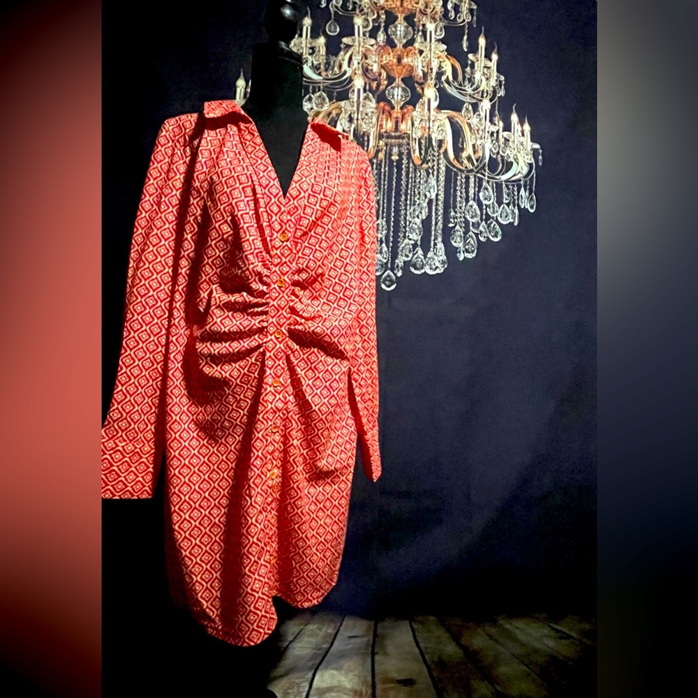 Orange and cream button down dress with ruching